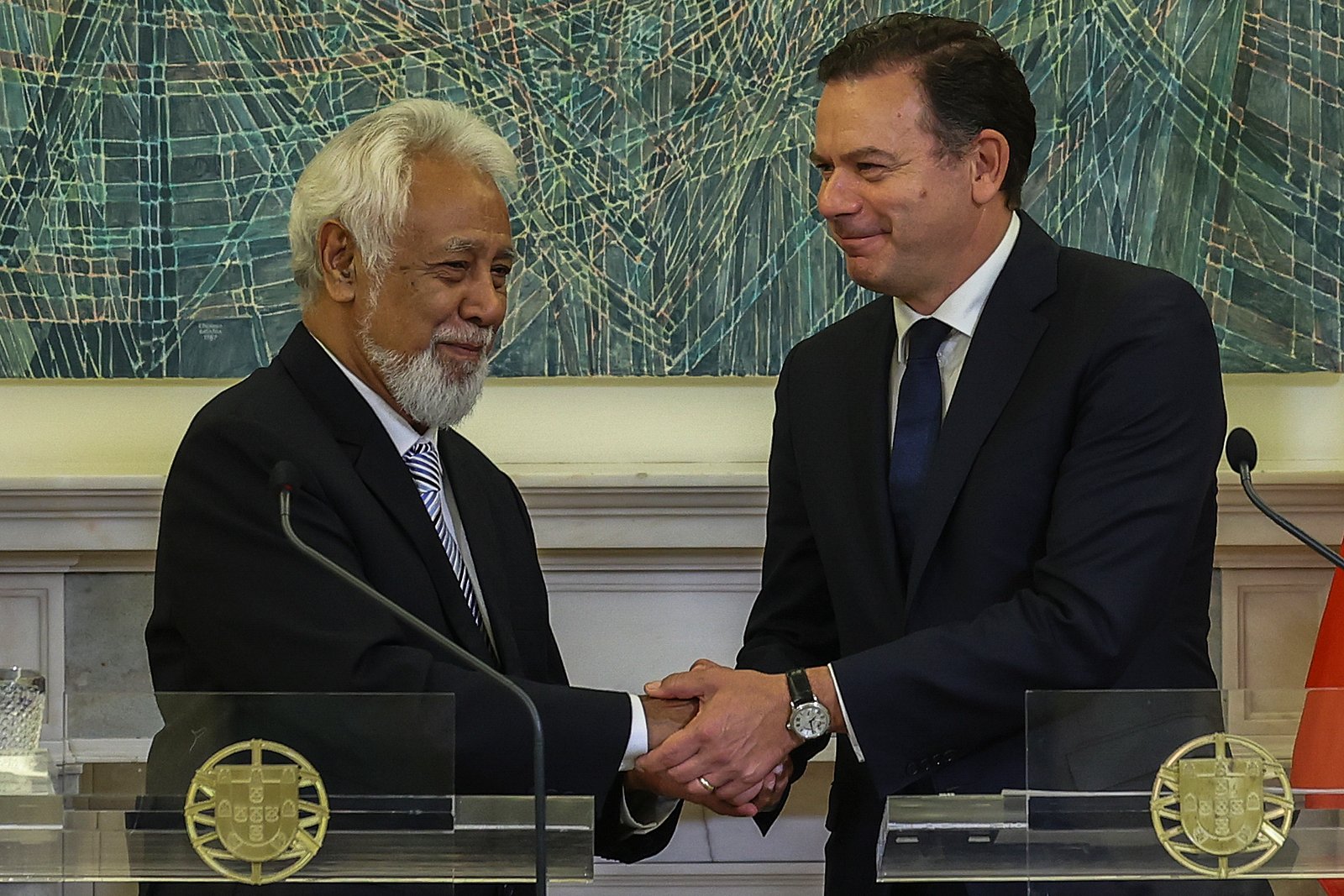 Primeiro-ministro Luís Montenegro recebeu o primeiro-ministro de Timor Leste, Xanana Gusmão, em Lisboa. Créditos: António Cotrim/Lusa.