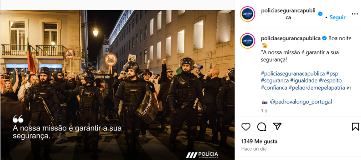 PSP apaga publicação de rede social com agentes à frente de marcha xenofóbica. Crédito: Reprodução, Instagram