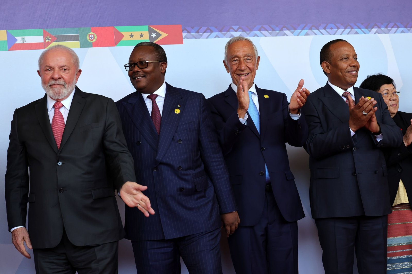 Presidentes de países da CPLP: Lula (Brasil), Umaro Sissoco (Guiné Bissau), Marcelo Rebelo de Sousa (Portugal) e primeiro-ministro Patrice Trovoada (São Tomé e Príncipe), Arquivo. Crédito: Estela Silva, Agência Lusa