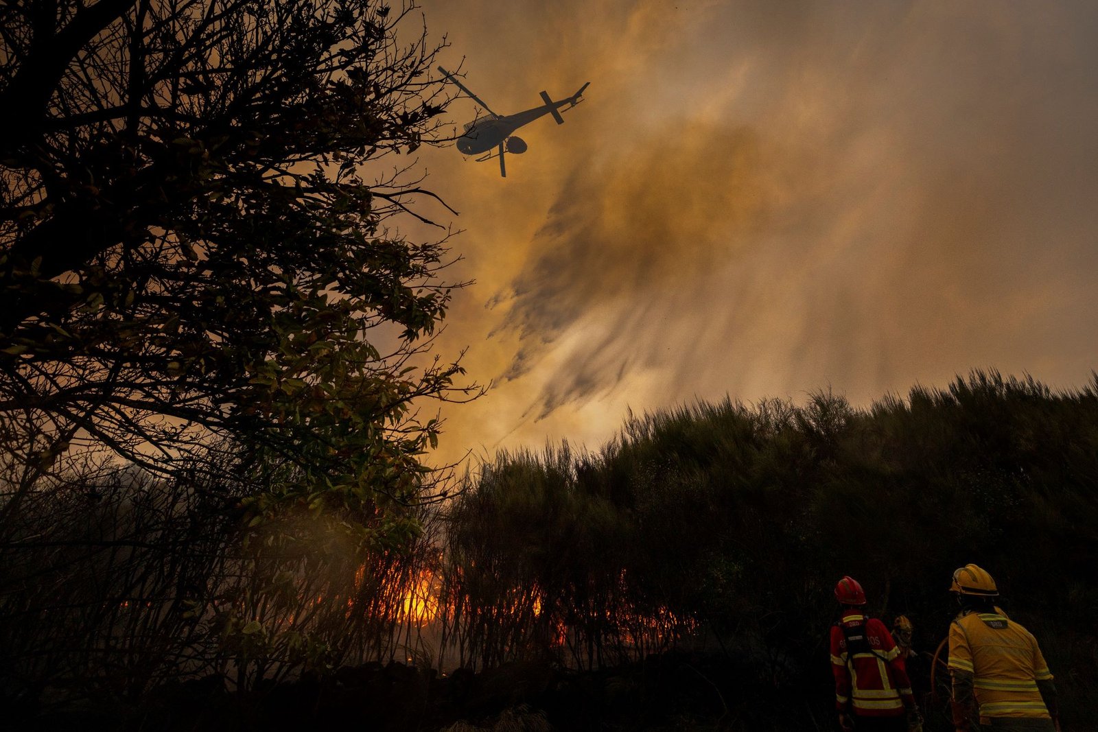 Helicóptero despeja água durante o incêndio em Raiz do Monte, Vila Pouca de Aguiar, em 19 de setembro. Crédito: Pedro Sarmento, Lusa